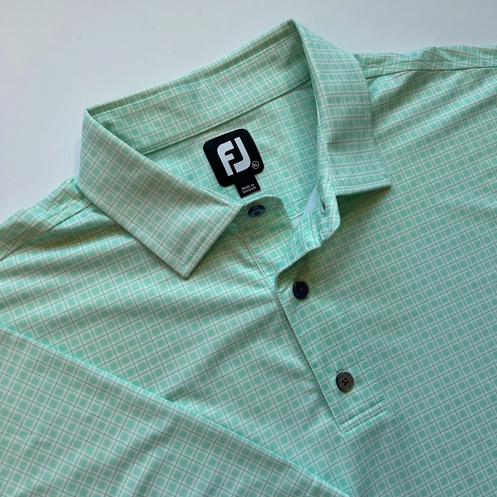 FootJoy Mens XL Mint Green Grid Print Performance Golf Polo Shirt 26170 Preppy